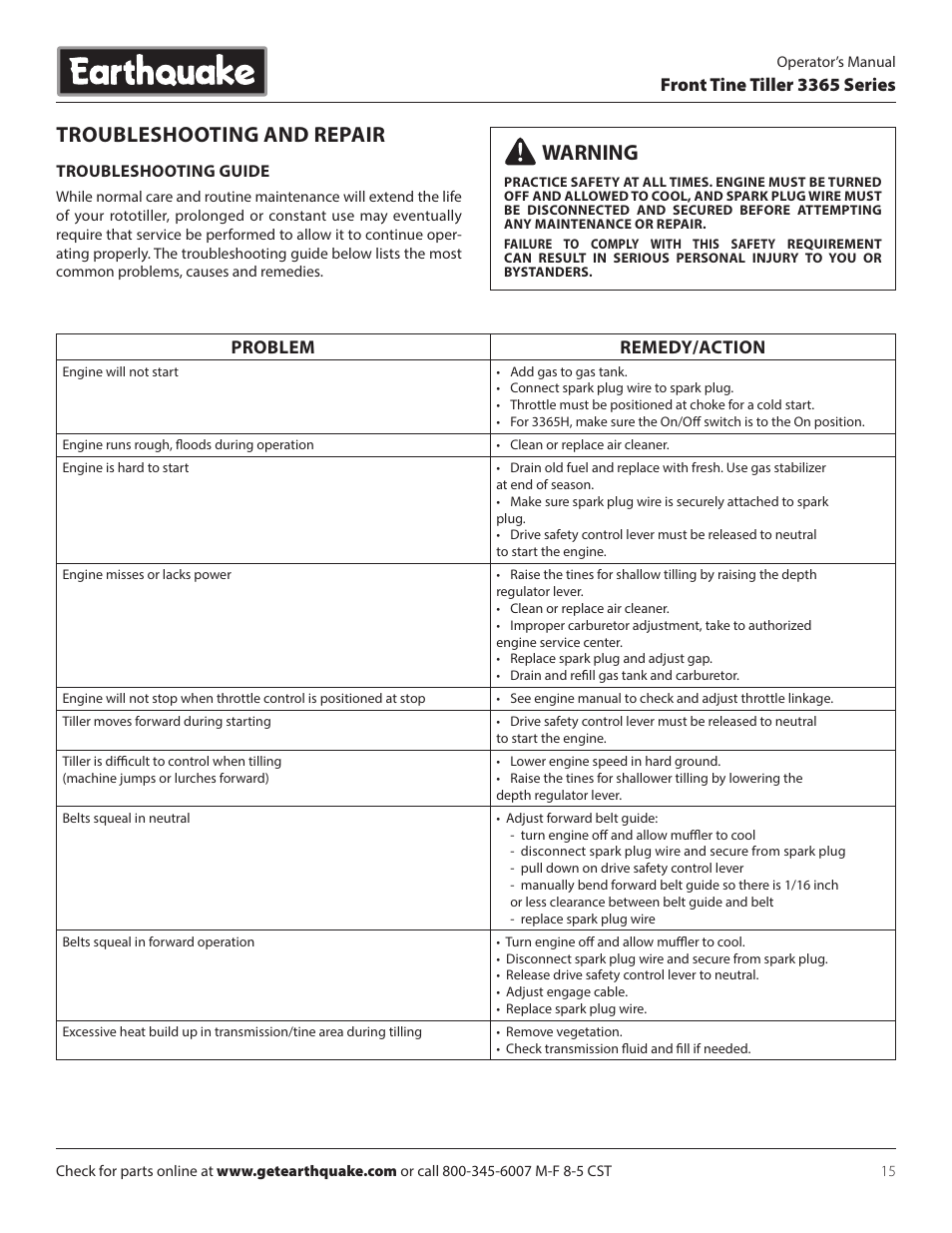 Troubleshooting and repair, Warning, Front tine tiller 3365 series | Problem remedy/action | EarthQuake 3365PS User Manual | Page 15 / 24