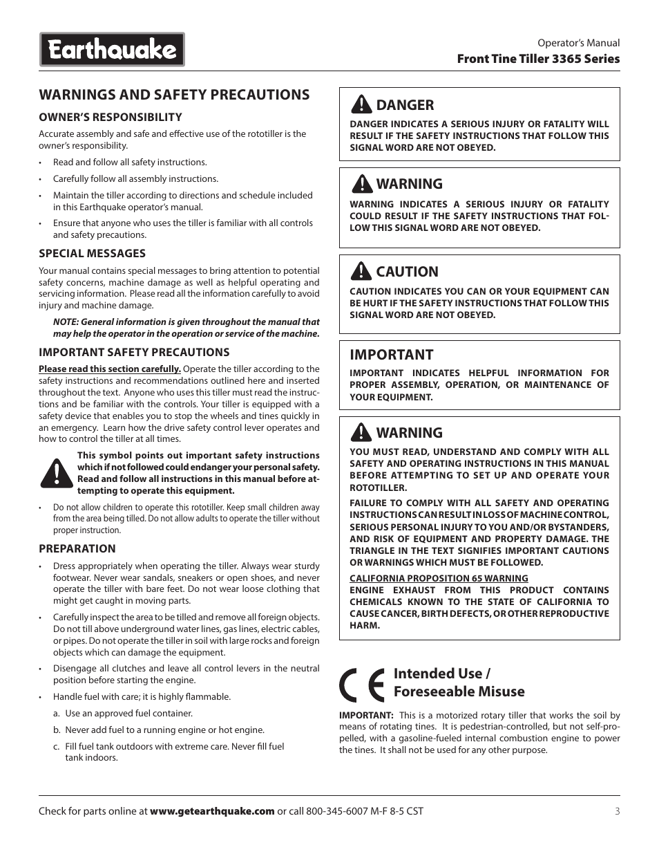 Warnings and safety precautions, Caution, Warning | Danger, Important, Intended use / foreseeable misuse | EarthQuake 3365PS User Manual | Page 3 / 24