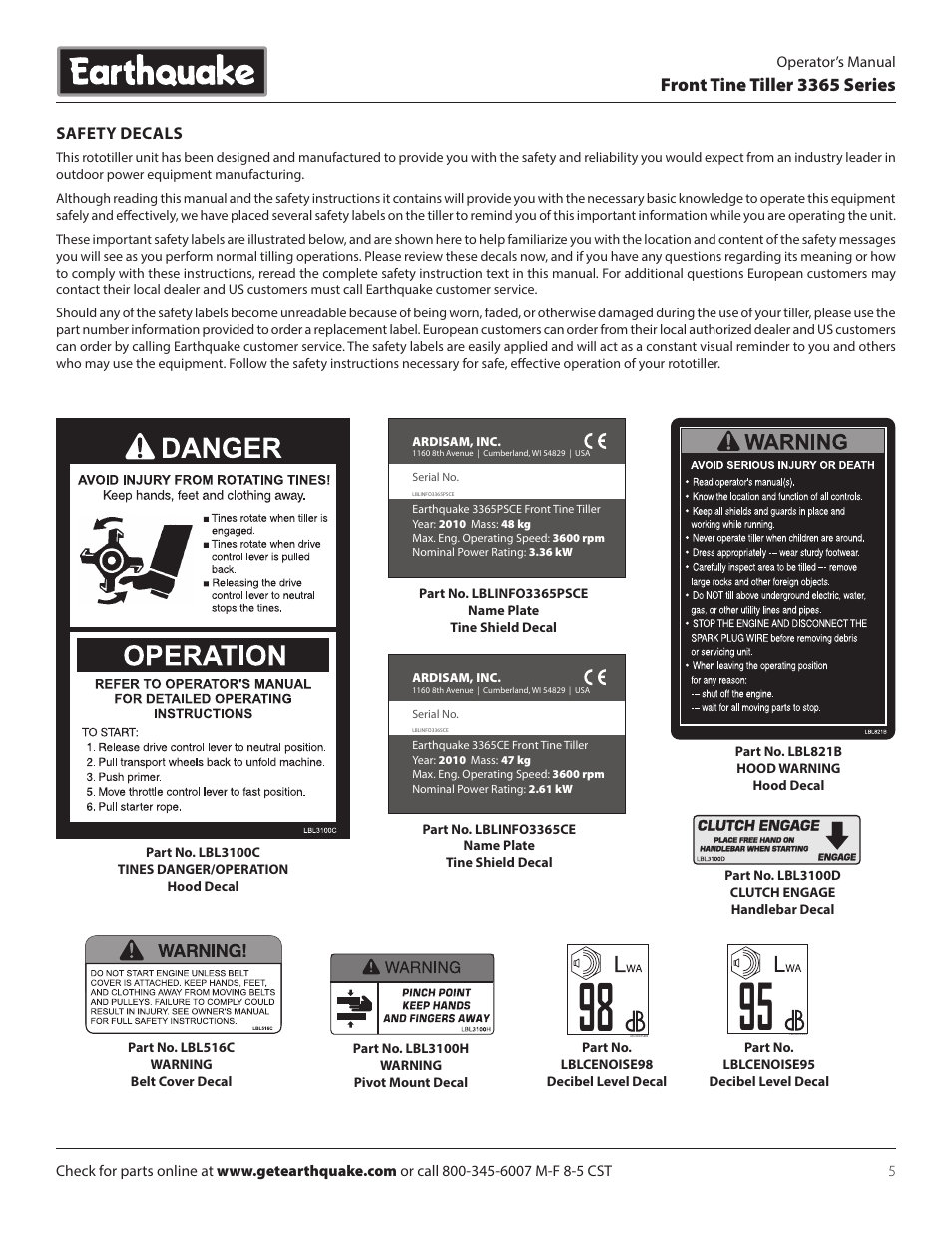 Front tine tiller 3365 series, Safety decals | EarthQuake 3365PS User Manual | Page 5 / 24