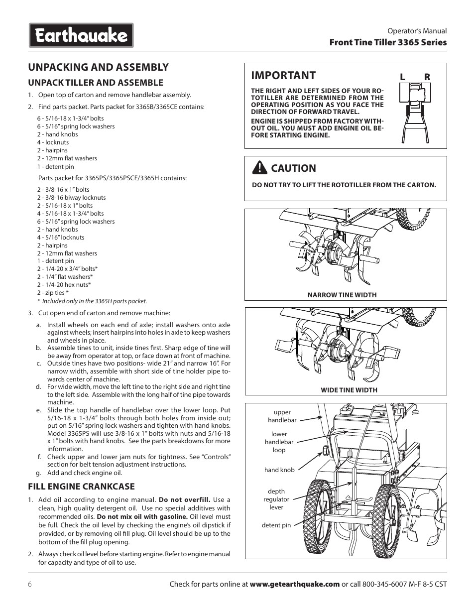 Important, Unpacking and assembly, Caution | Front tine tiller 3365 series, Unpack tiller and assemble, Fill engine crankcase | EarthQuake 3365PS User Manual | Page 6 / 24