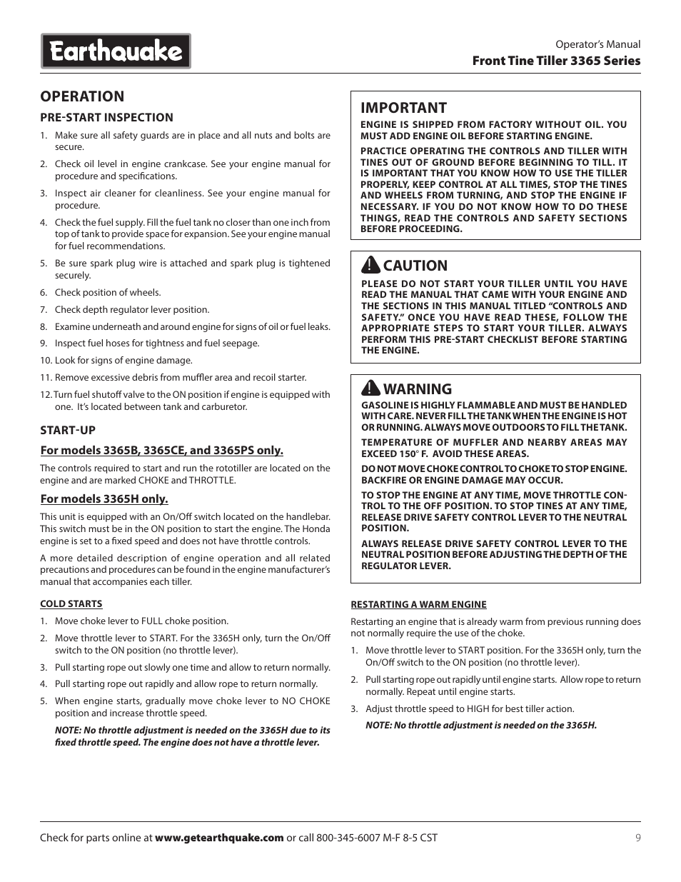 Operation, Important, Caution | Warning | EarthQuake 3365PS User Manual | Page 9 / 24