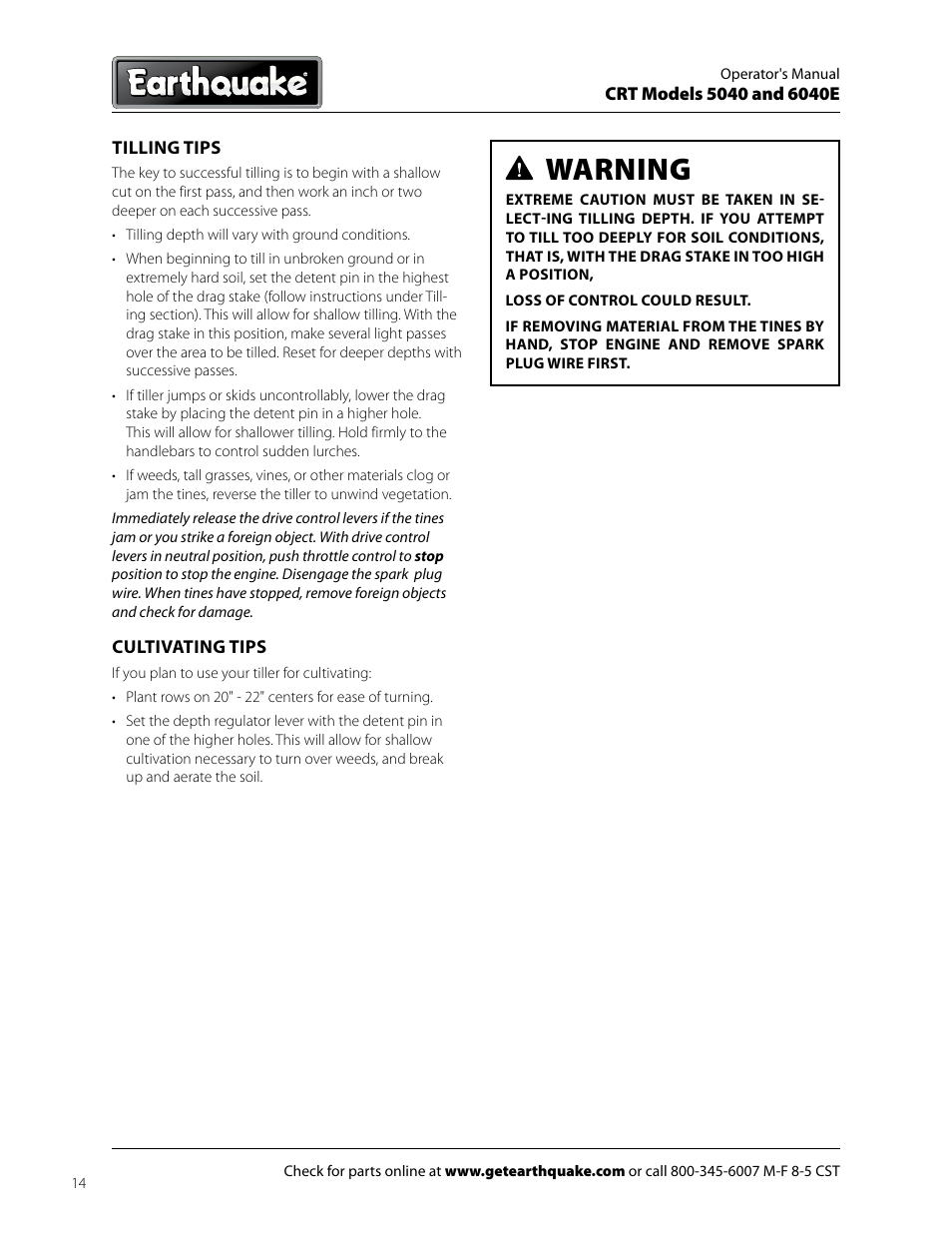 Warning | EarthQuake 6040E User Manual | Page 14 / 28