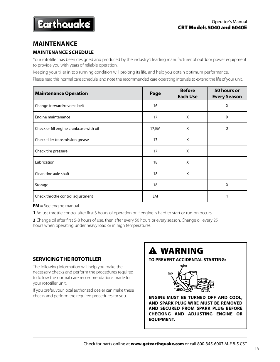 Warning, Maintenance | EarthQuake 6040E User Manual | Page 15 / 28