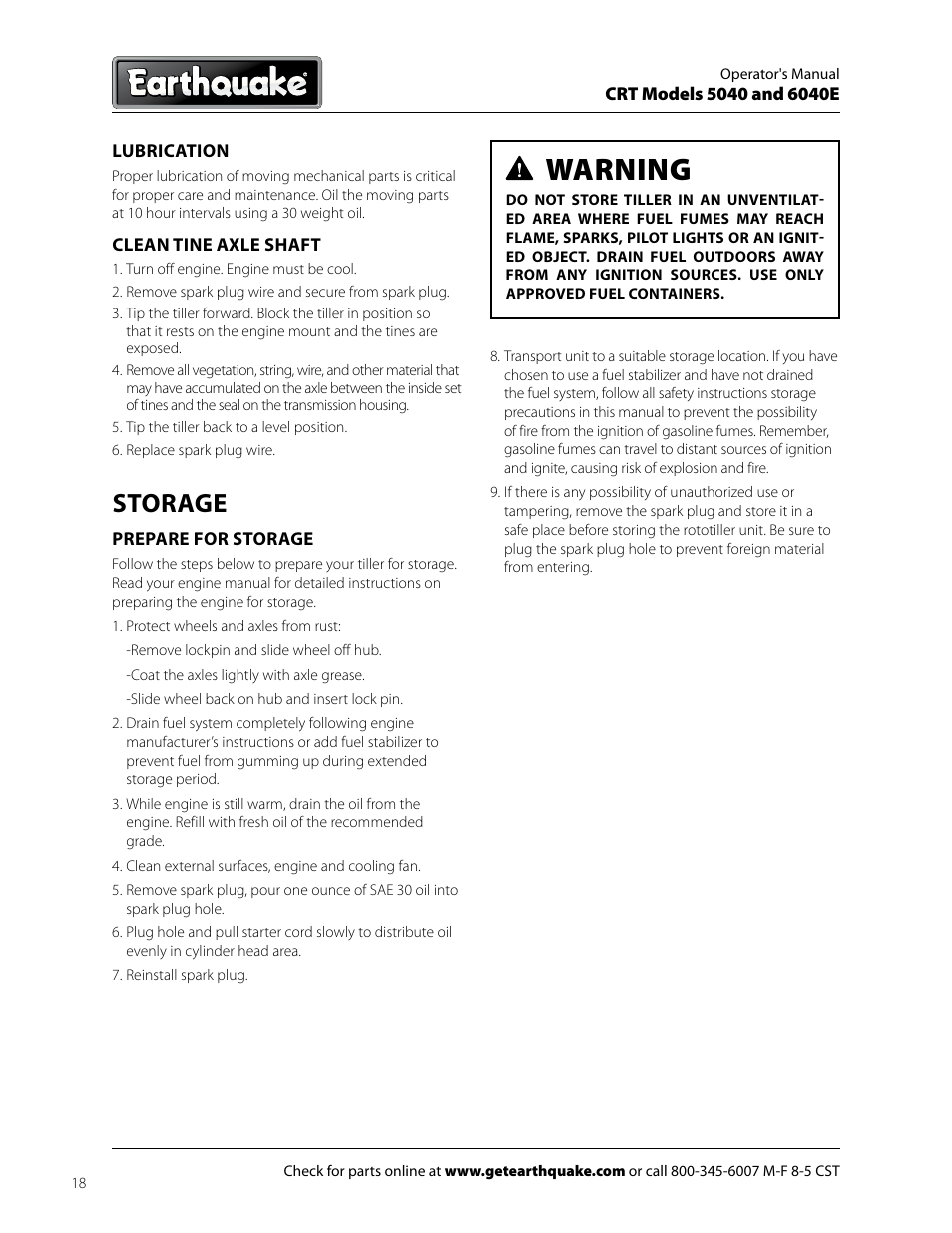 Warning, Storage | EarthQuake 6040E User Manual | Page 18 / 28