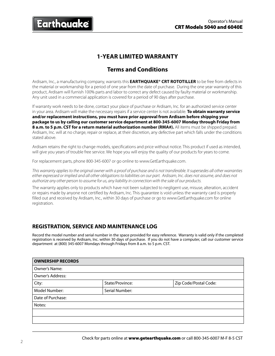 Year limited warranty terms and conditions, Registration, service and maintenance log | EarthQuake 6040E User Manual | Page 2 / 28
