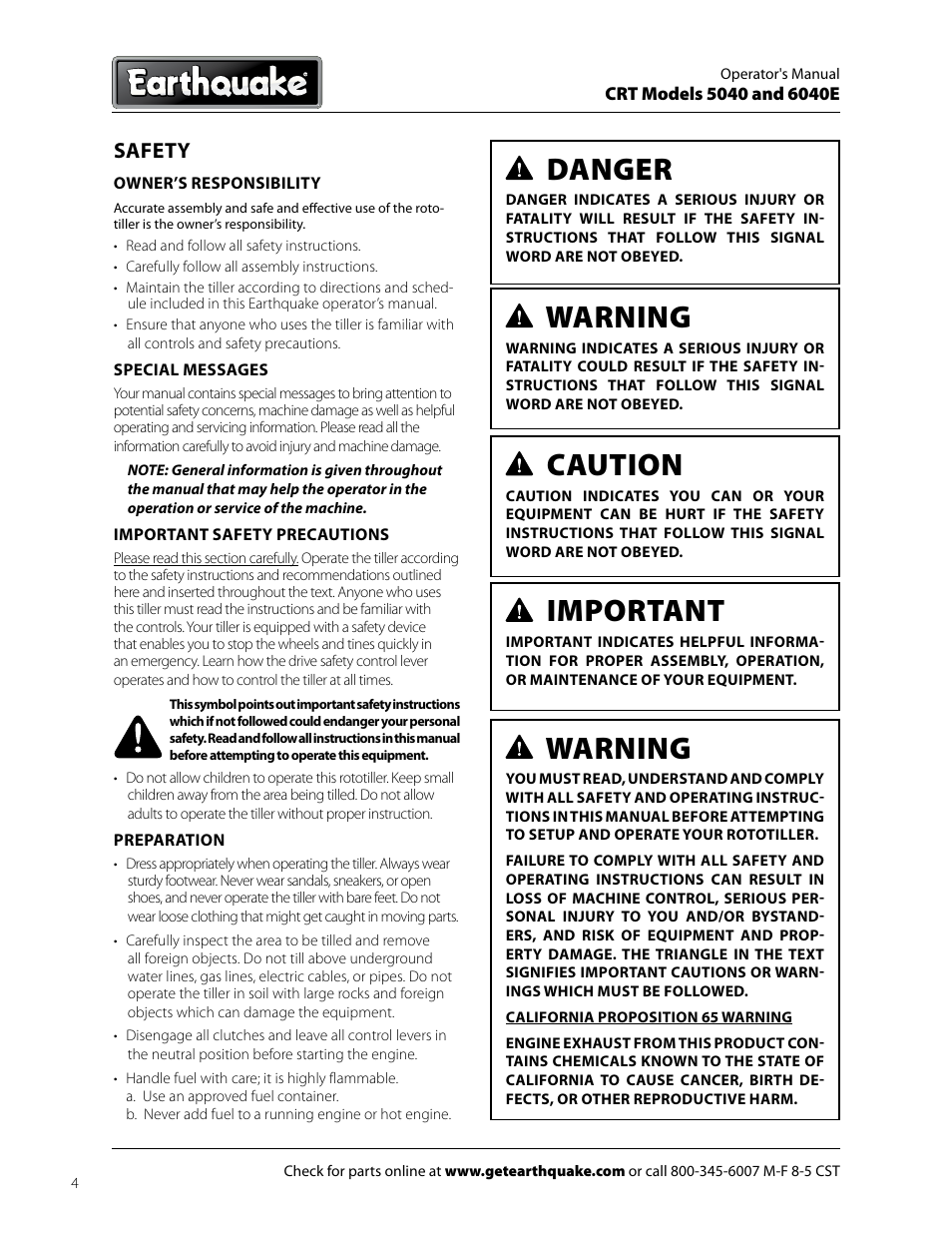 Danger, Warning, Caution | Important, Safety | EarthQuake 6040E User Manual | Page 4 / 28