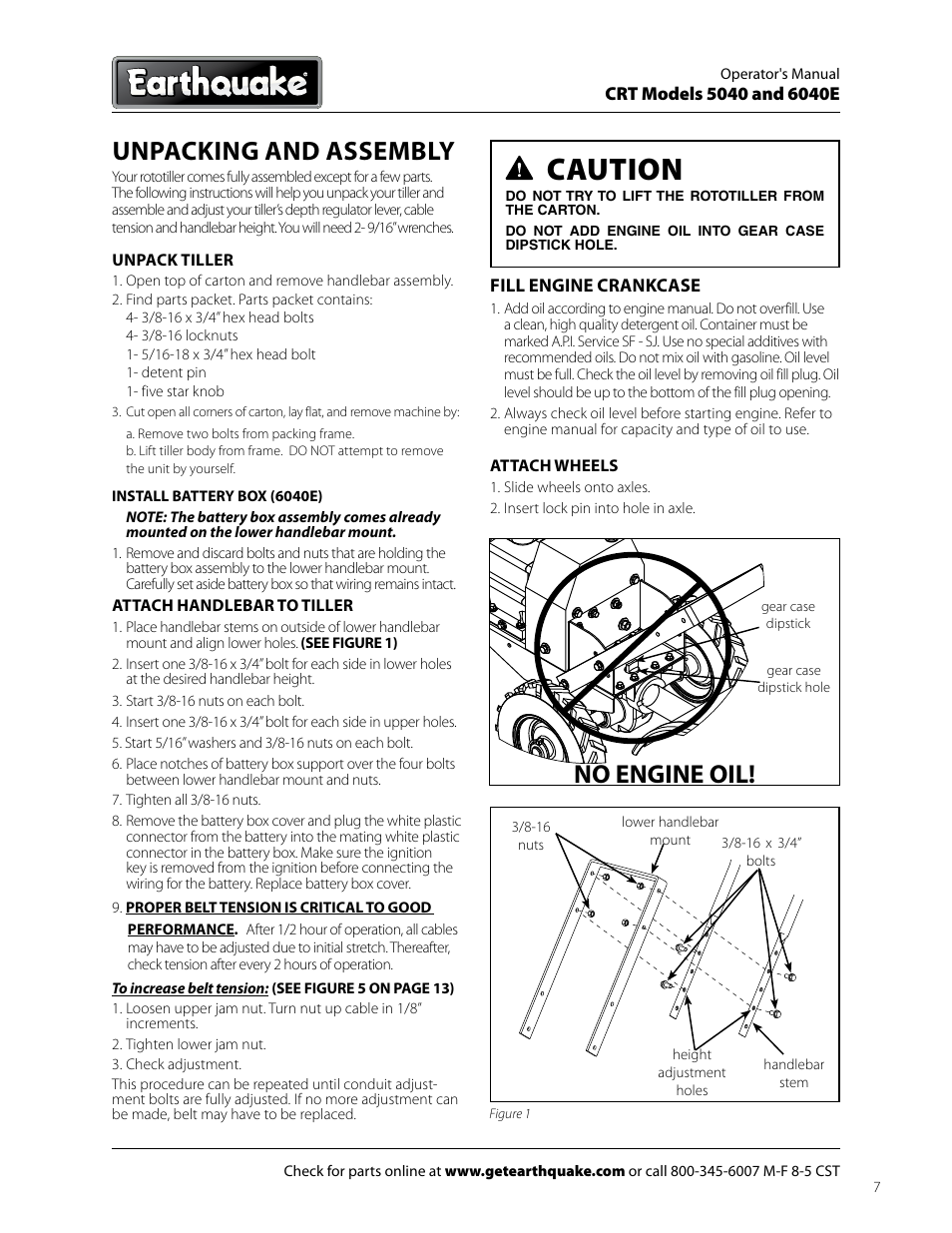 Caution, Unpacking and assembly, No engine oil | EarthQuake 6040E User Manual | Page 7 / 28