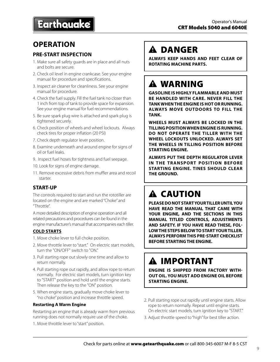 Danger, Warning, Caution | Important, Operation | EarthQuake 6040E User Manual | Page 9 / 28
