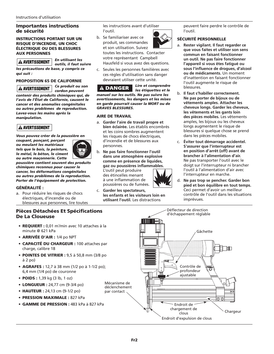 Importantes instructions de sécurité, Pièces détachées et spécifications de la cloueuse | Campbell Hausfeld SB524000 User Manual | Page 12 / 32