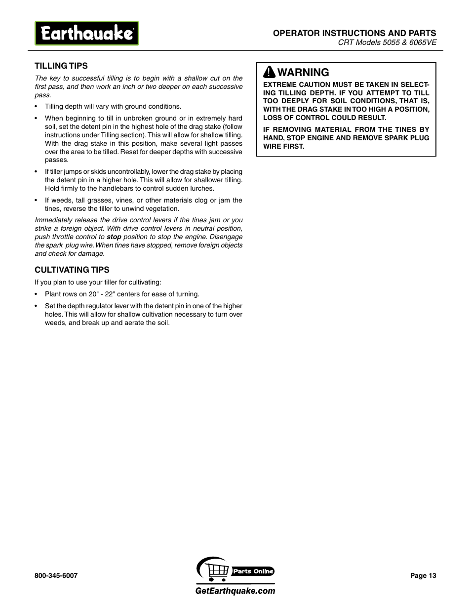 Warning | EarthQuake 5055 User Manual | Page 13 / 28