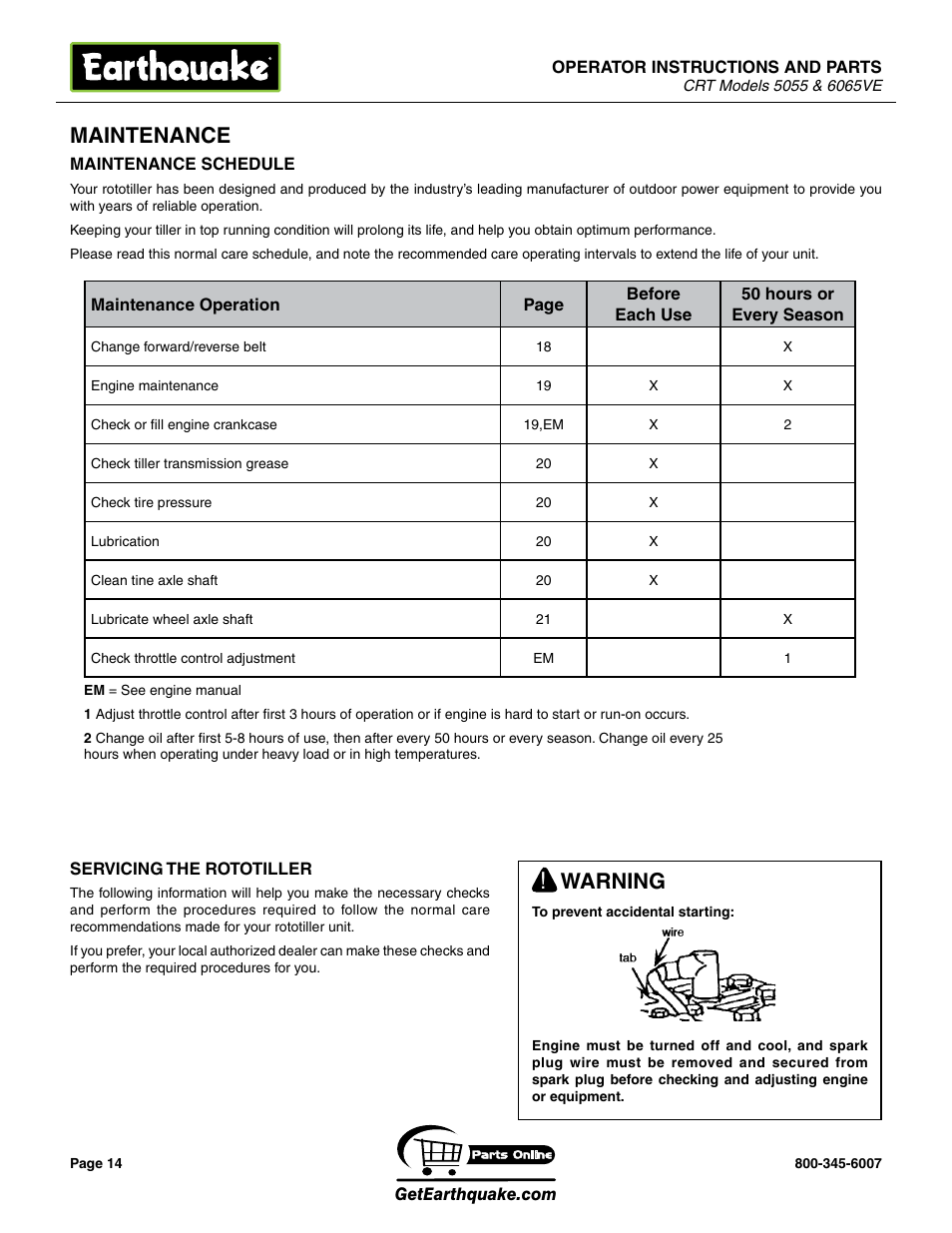 Maintenance, Warning | EarthQuake 5055 User Manual | Page 14 / 28