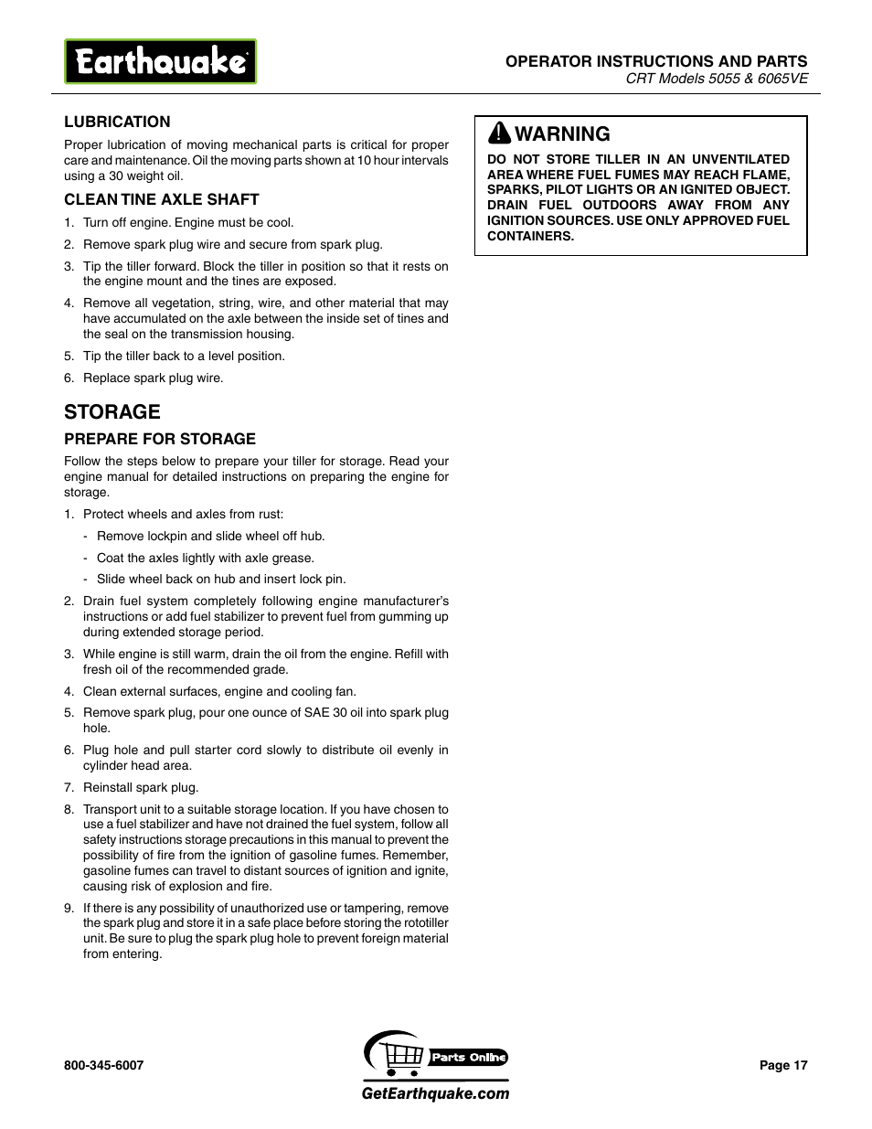 Storage, Warning | EarthQuake 5055 User Manual | Page 17 / 28
