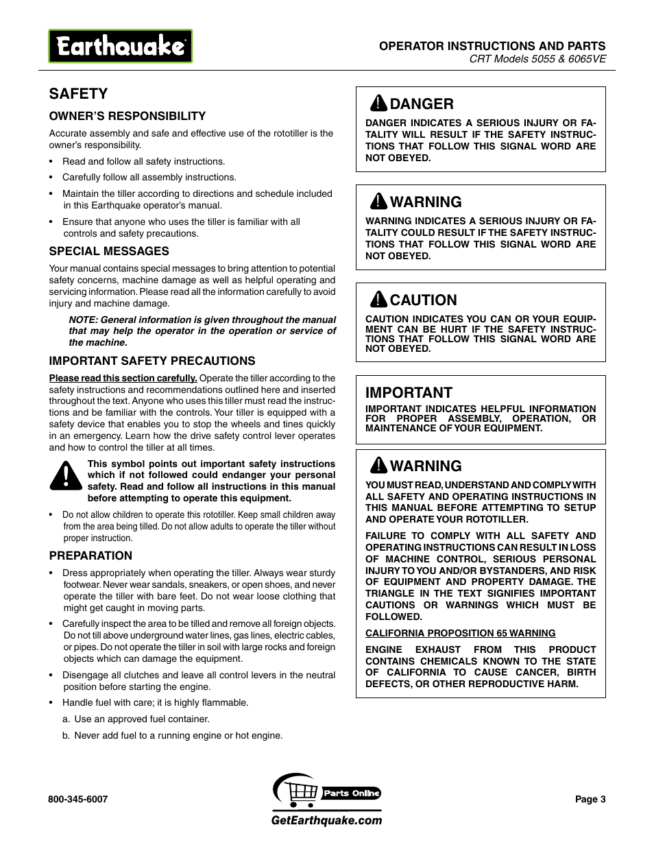 Safety, Caution, Important | Warning, Danger | EarthQuake 5055 User Manual | Page 3 / 28