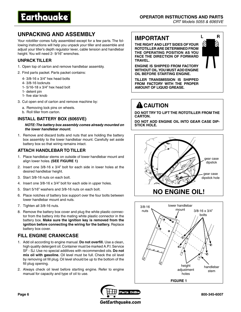 No engine oil, Important, Unpacking and assembly | Caution | EarthQuake 5055 User Manual | Page 6 / 28
