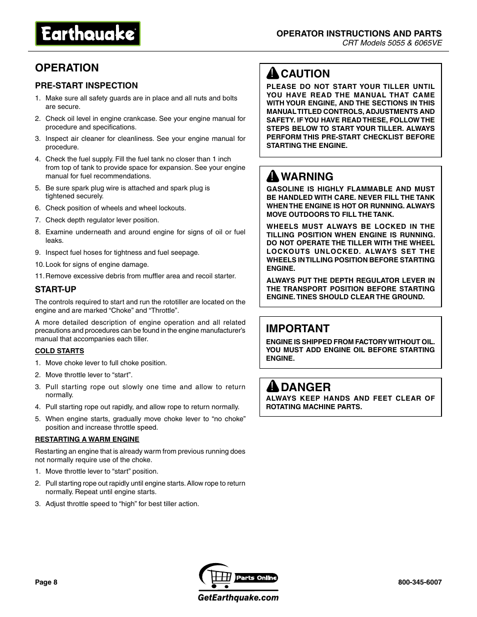 Danger, Operation, Important | Caution, Warning | EarthQuake 5055 User Manual | Page 8 / 28