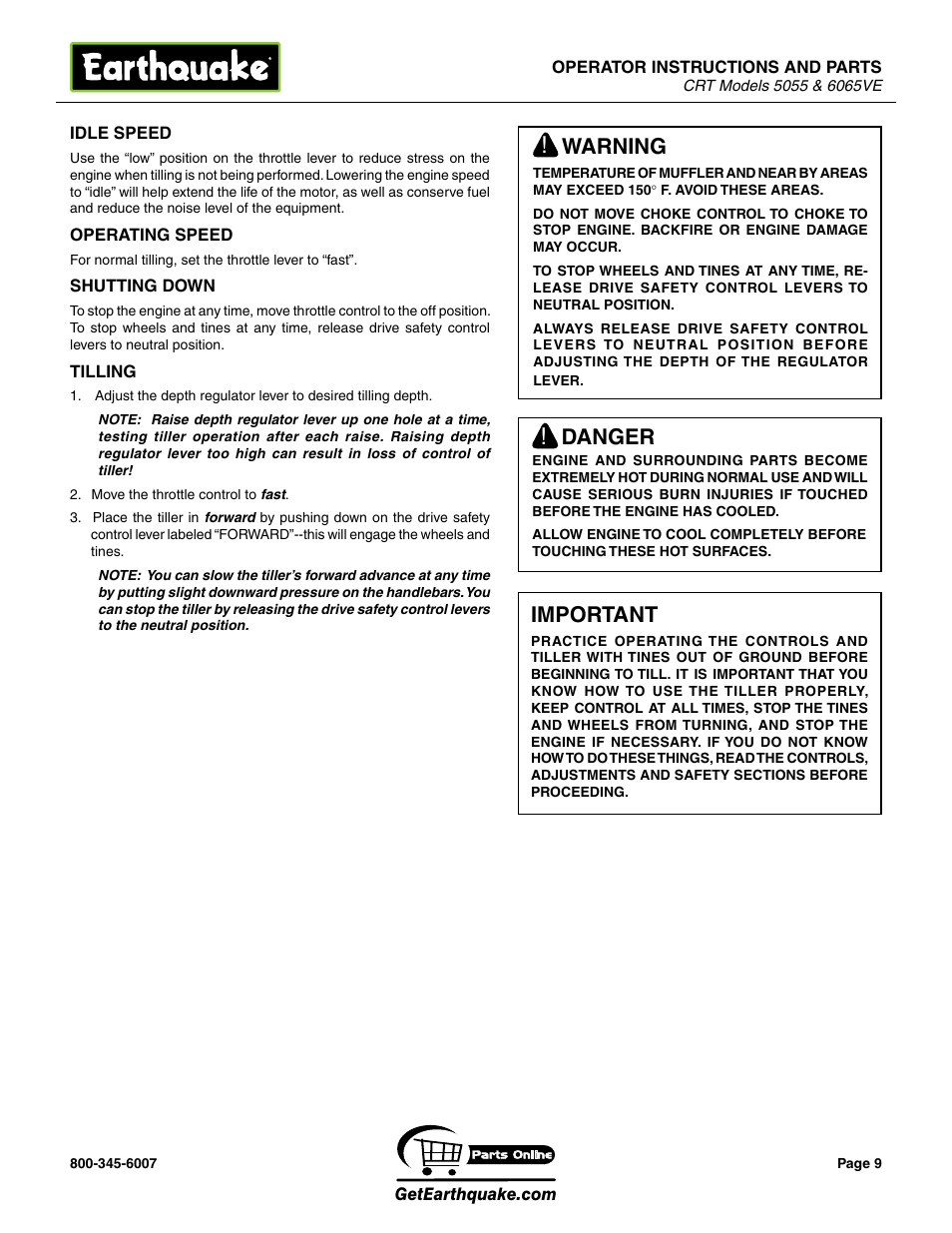 Warning, Danger, Important | EarthQuake 5055 User Manual | Page 9 / 28