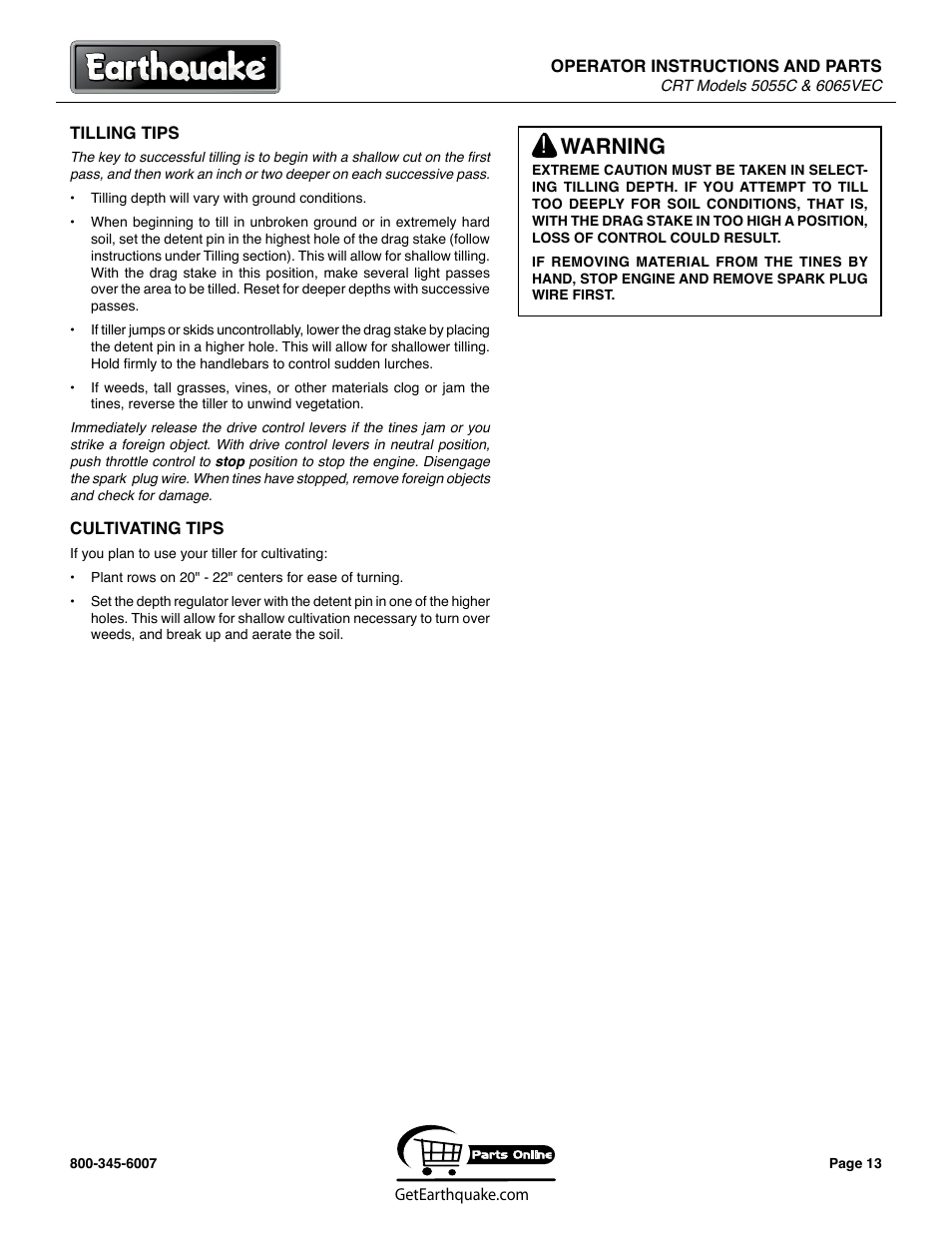 Warning | EarthQuake 6065VEC User Manual | Page 13 / 28