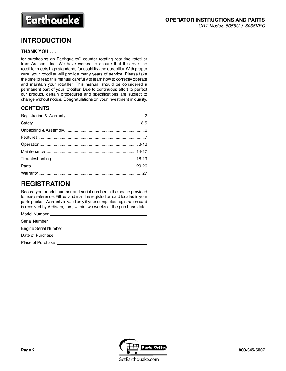 Introduction, Registration | EarthQuake 6065VEC User Manual | Page 2 / 28