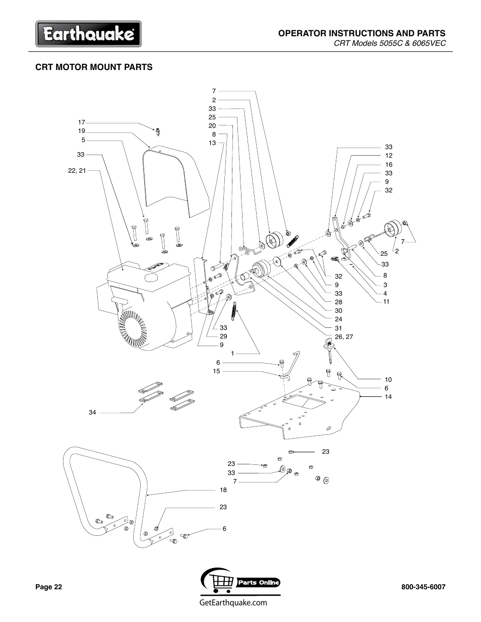 Operator instructions and parts, Crt motor mount parts | EarthQuake 6065VEC User Manual | Page 22 / 28