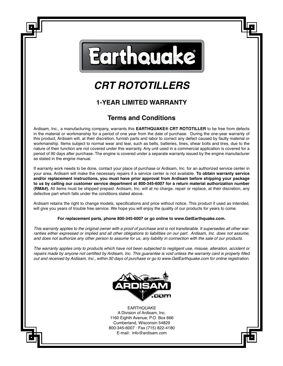 Crt rototillers, Year limited warranty terms and conditions | EarthQuake 6065VEC User Manual | Page 27 / 28