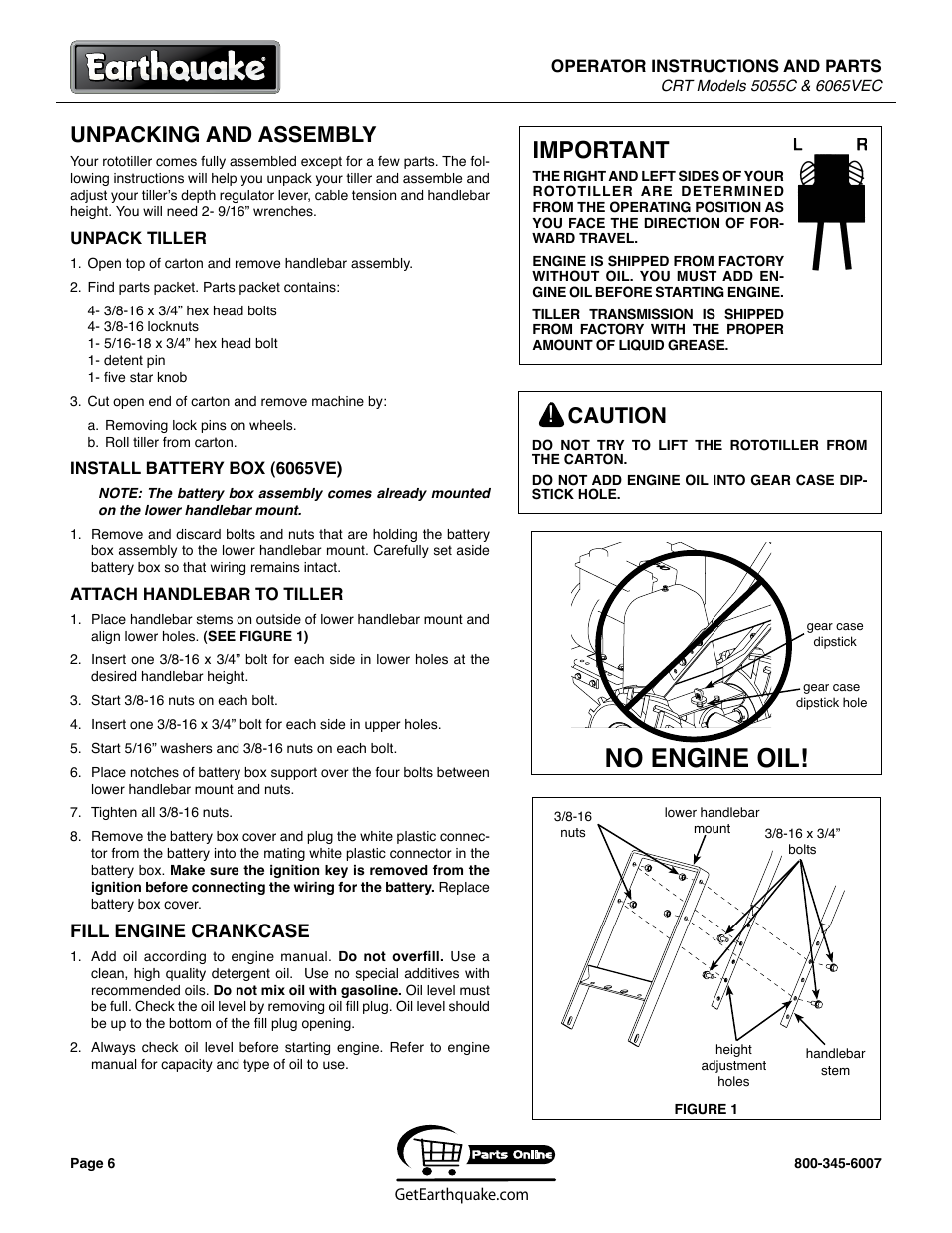 No engine oil, Important, Unpacking and assembly | Caution | EarthQuake 6065VEC User Manual | Page 6 / 28