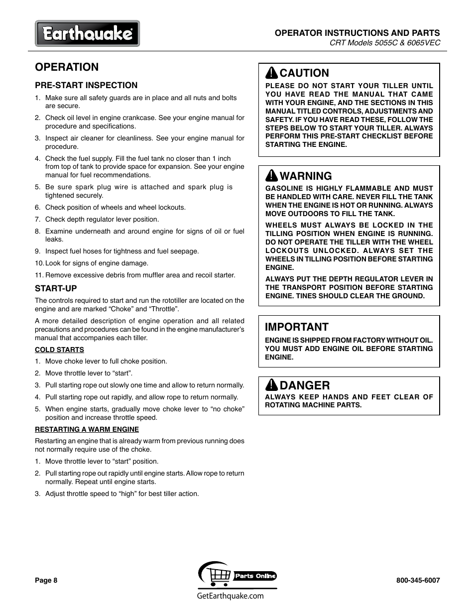 Danger, Operation, Important | Caution, Warning | EarthQuake 6065VEC User Manual | Page 8 / 28