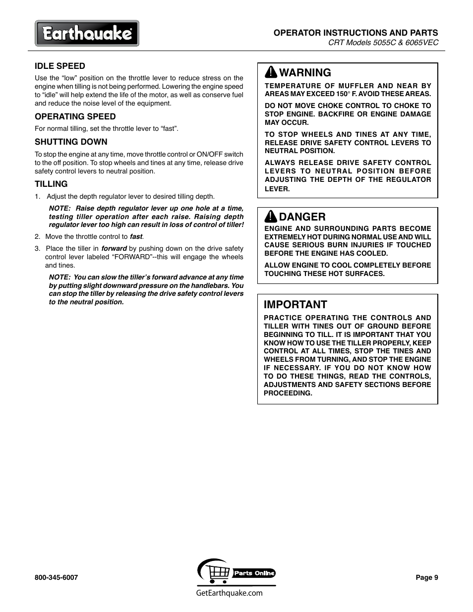 Warning, Danger, Important | EarthQuake 6065VEC User Manual | Page 9 / 28
