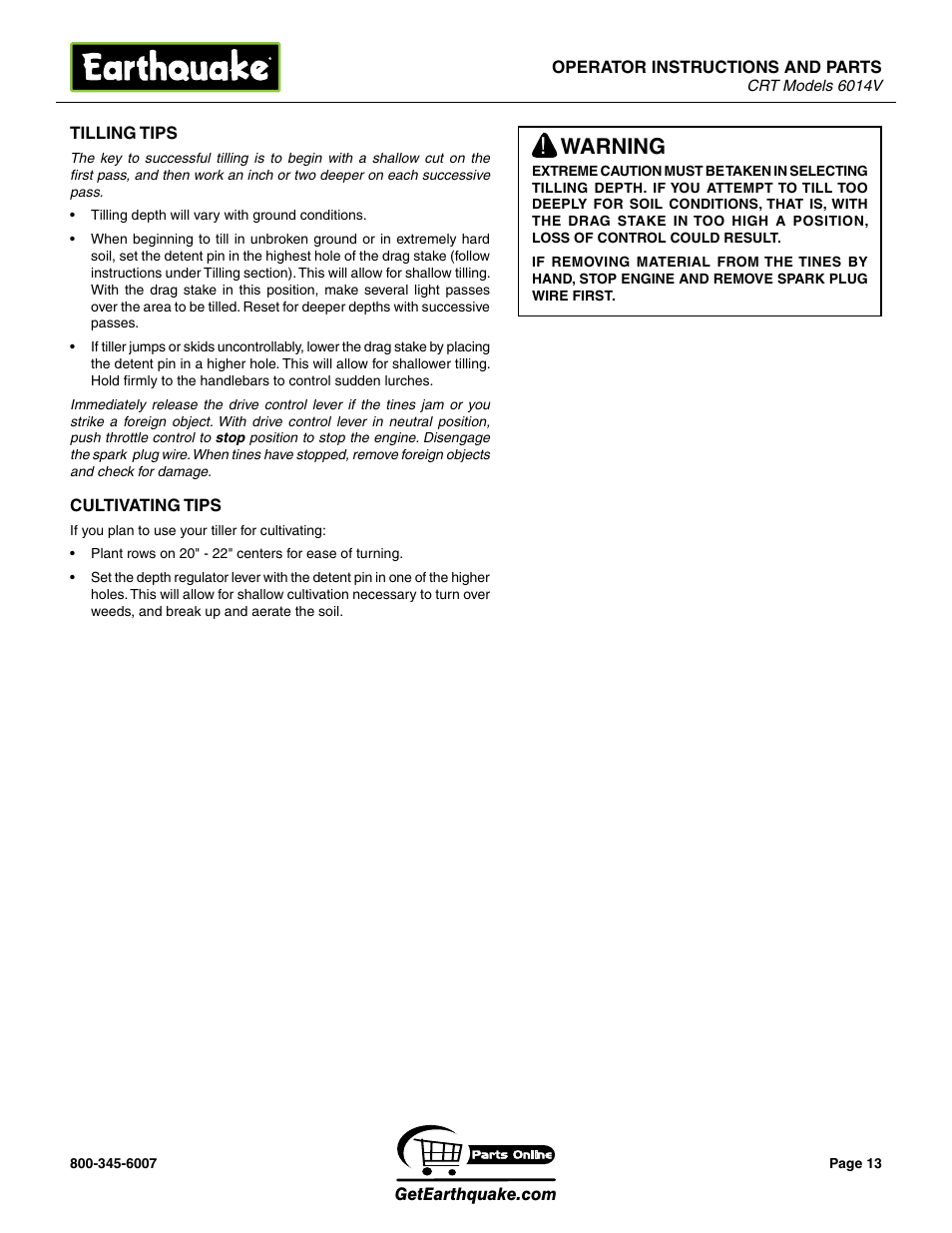 Warning | EarthQuake 6014V User Manual | Page 13 / 28