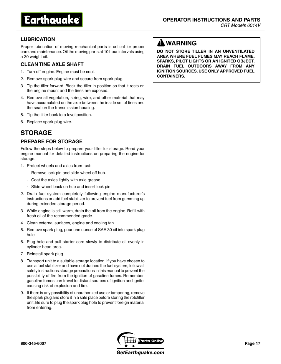 Storage, Warning | EarthQuake 6014V User Manual | Page 17 / 28