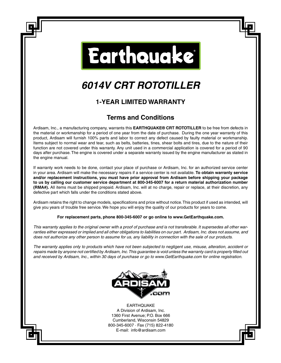 6014v crt rototiller, Year limited warranty terms and conditions | EarthQuake 6014V User Manual | Page 27 / 28