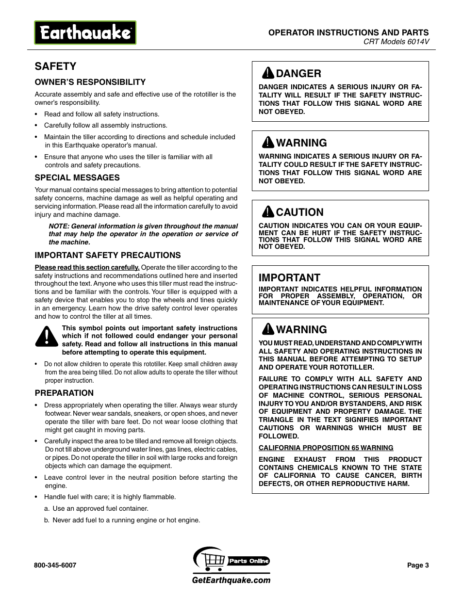 Safety, Caution, Important | Warning, Danger | EarthQuake 6014V User Manual | Page 3 / 28