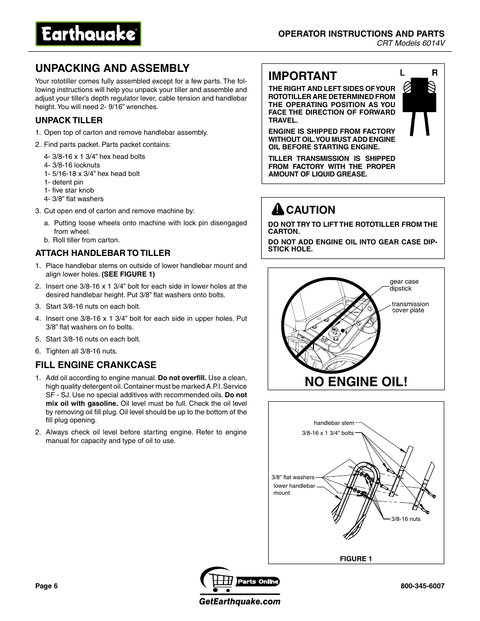 No engine oil, Important, Unpacking and assembly | Caution | EarthQuake 6014V User Manual | Page 6 / 28