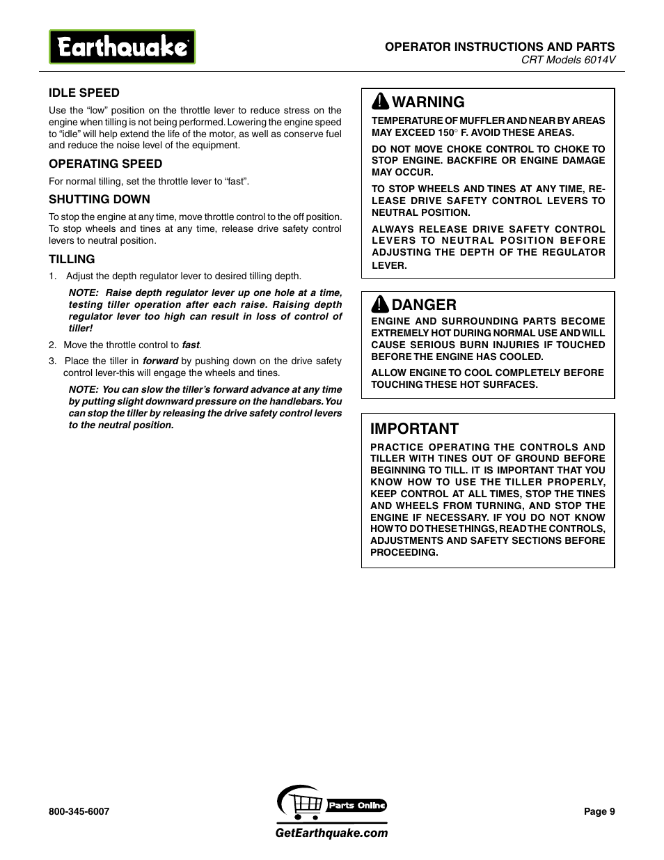 Warning, Danger, Important | EarthQuake 6014V User Manual | Page 9 / 28