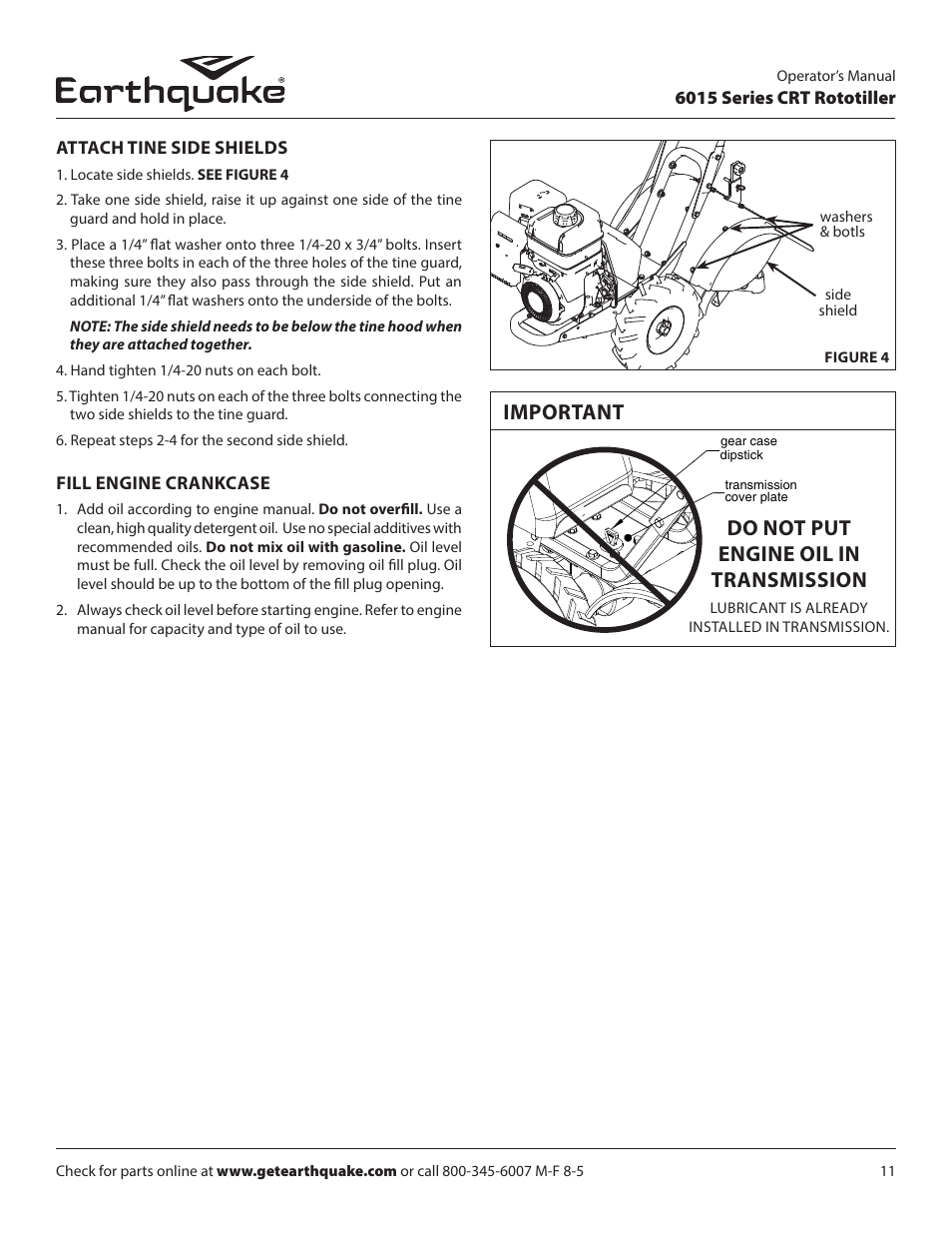 Important do not put engine oil in transmission | EarthQuake 6015V User Manual | Page 11 / 36