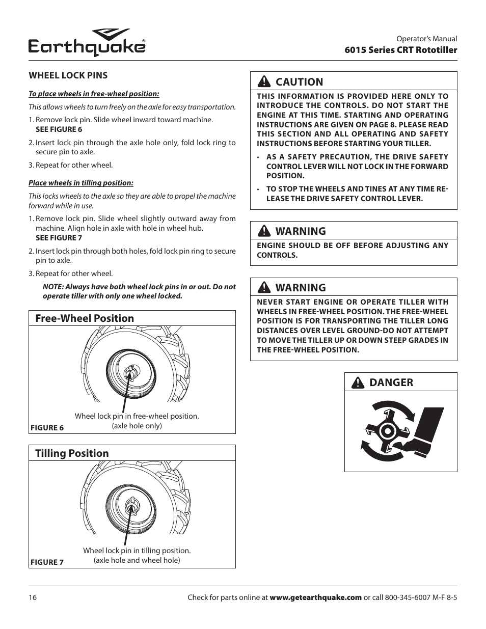 Free-wheel position, Tilling position caution, Warning | Srt crt danger | EarthQuake 6015V User Manual | Page 16 / 36