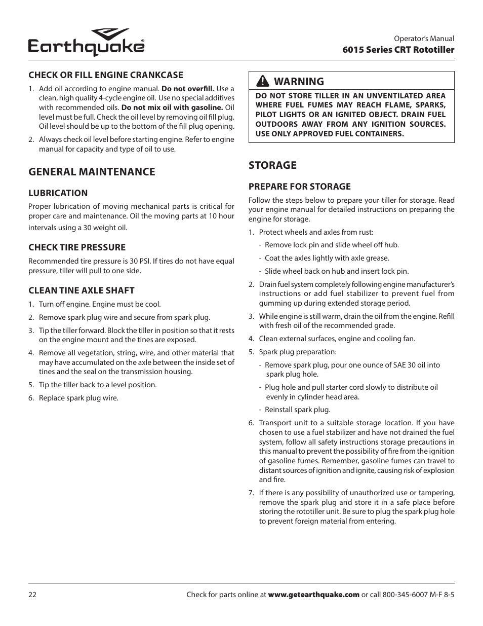 Storage, Warning, General maintenance | EarthQuake 6015V User Manual | Page 22 / 36