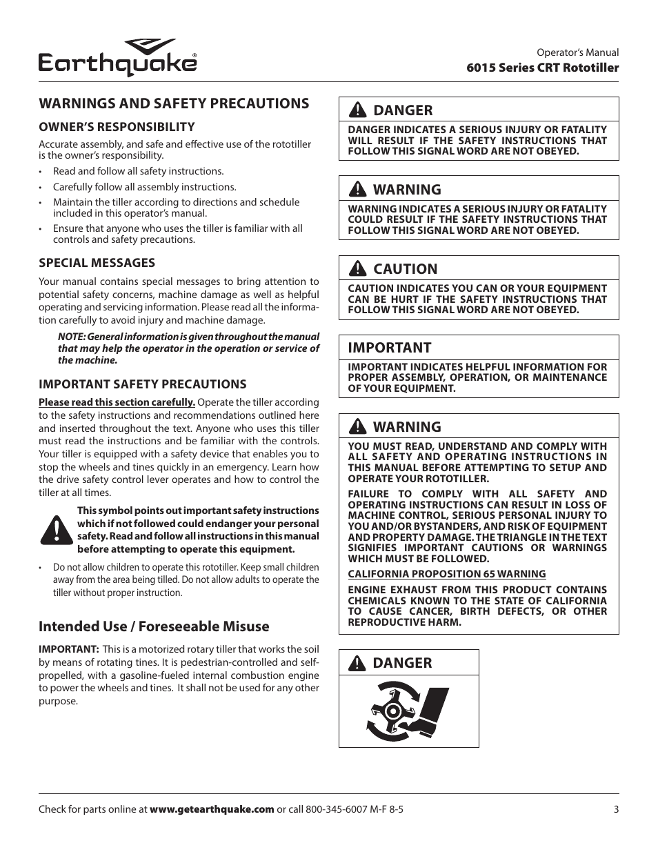 Warnings and safety precautions, Danger, Warning | Caution, Important, Intended use / foreseeable misuse | EarthQuake 6015V User Manual | Page 3 / 36