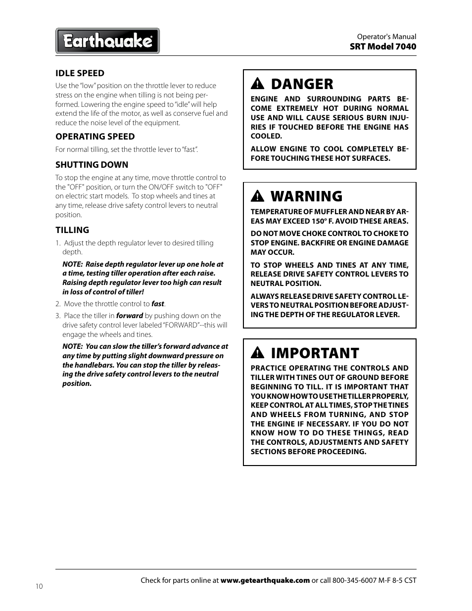 Danger, Warning, Important | EarthQuake 7040 User Manual | Page 10 / 28