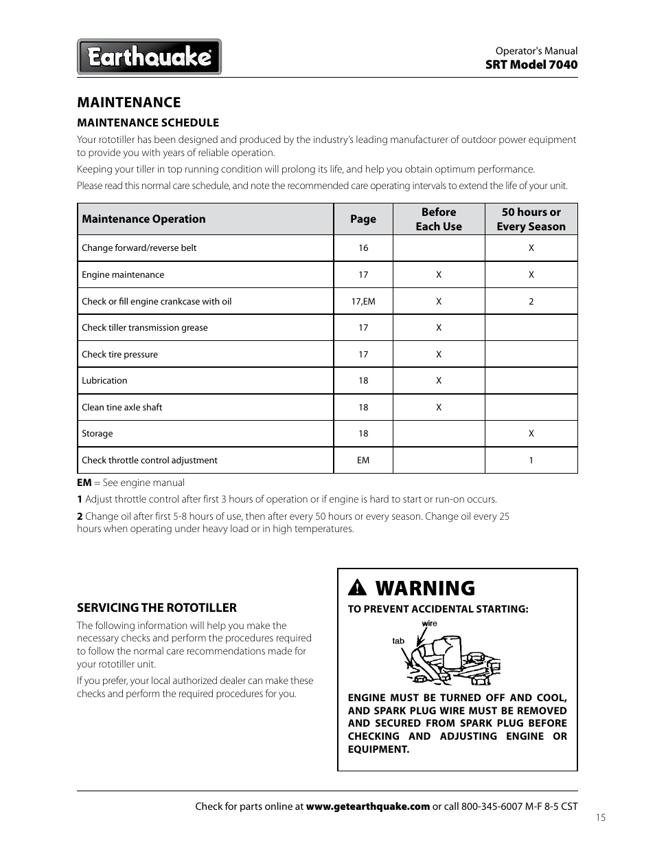 Warning, Maintenance | EarthQuake 7040 User Manual | Page 15 / 28