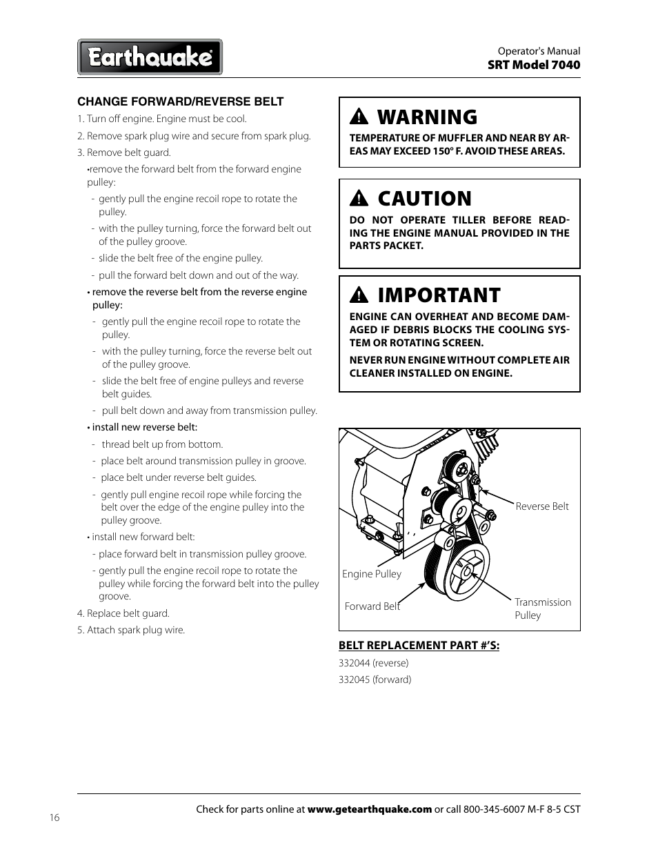 Warning, Caution, Important | EarthQuake 7040 User Manual | Page 16 / 28