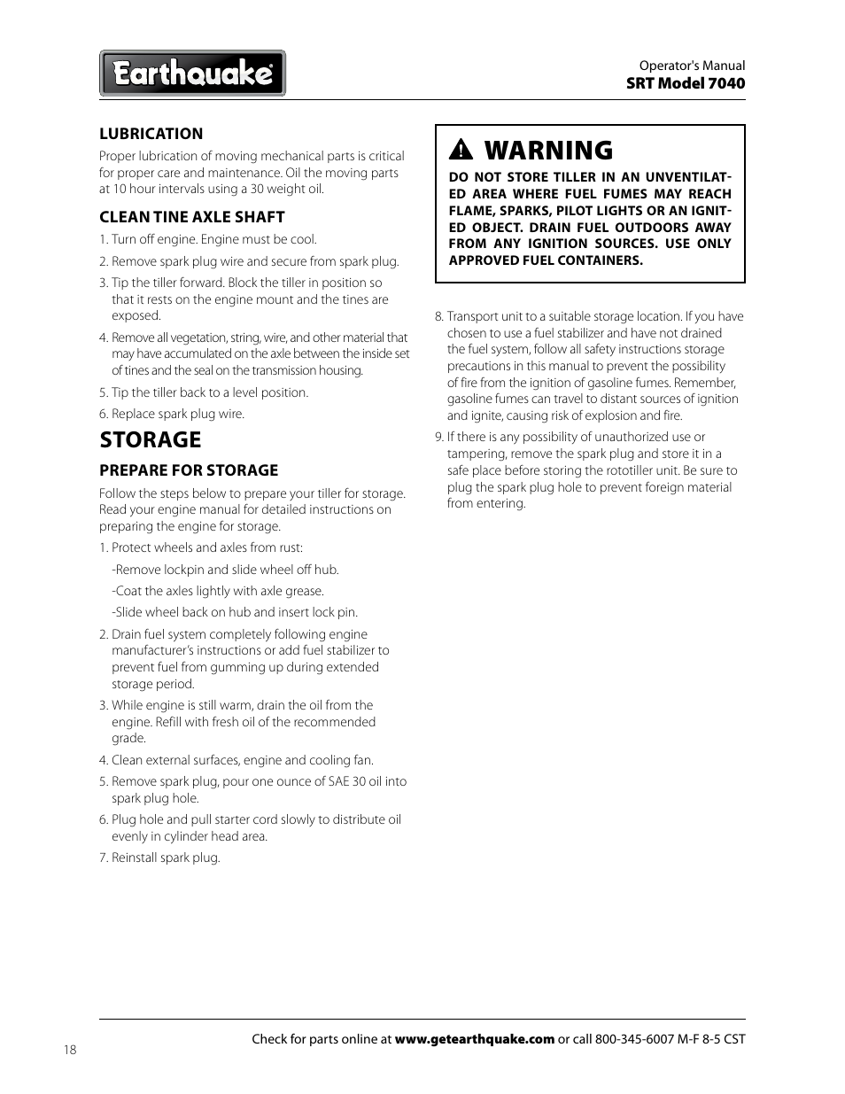 Warning, Storage | EarthQuake 7040 User Manual | Page 18 / 28