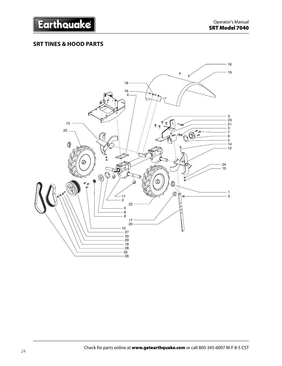 Srt tines & hood parts, Srt model 7040 | EarthQuake 7040 User Manual | Page 24 / 28