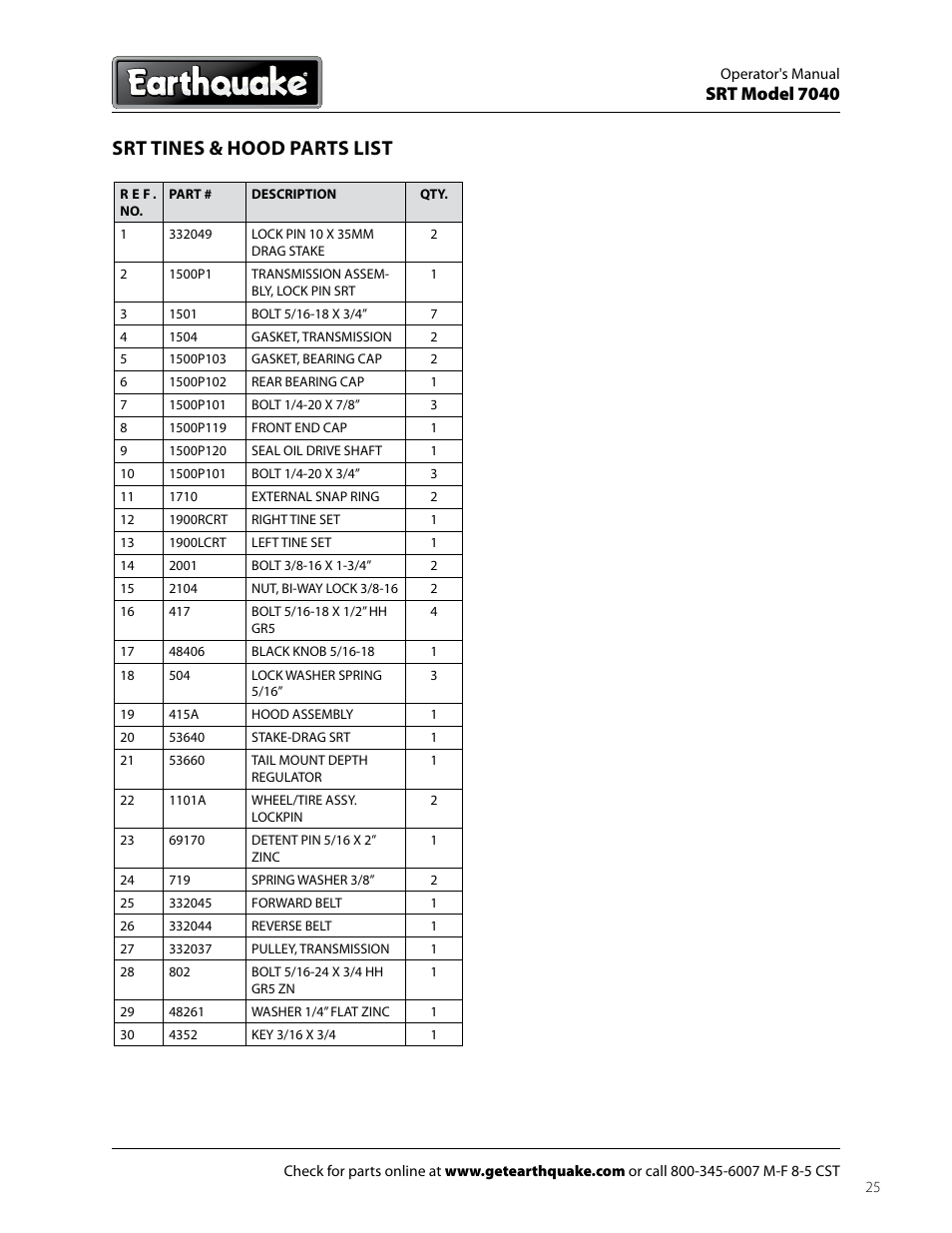 Srt tines & hood parts list, Srt model 7040 | EarthQuake 7040 User Manual | Page 25 / 28