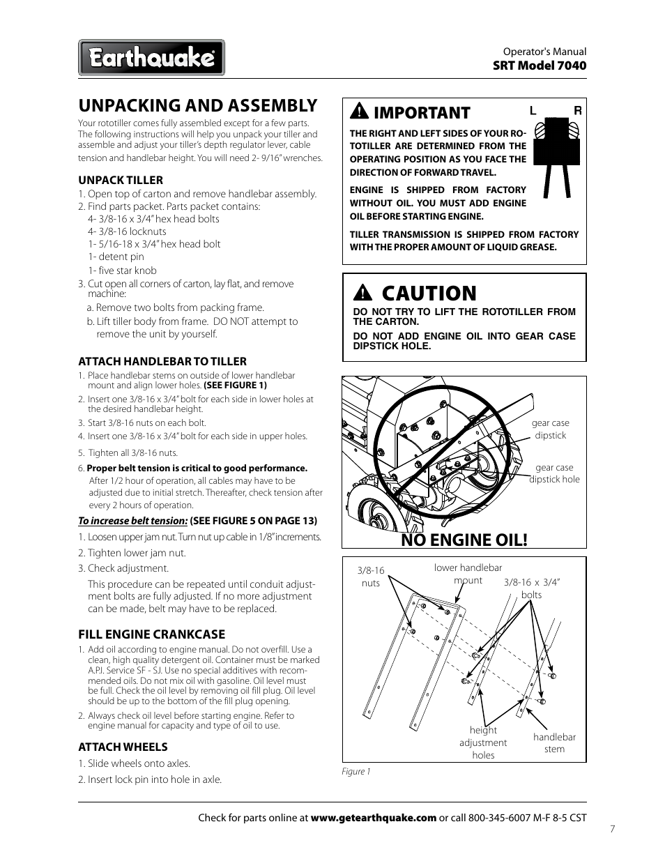 Caution, Unpacking and assembly, No engine oil | Important | EarthQuake 7040 User Manual | Page 7 / 28