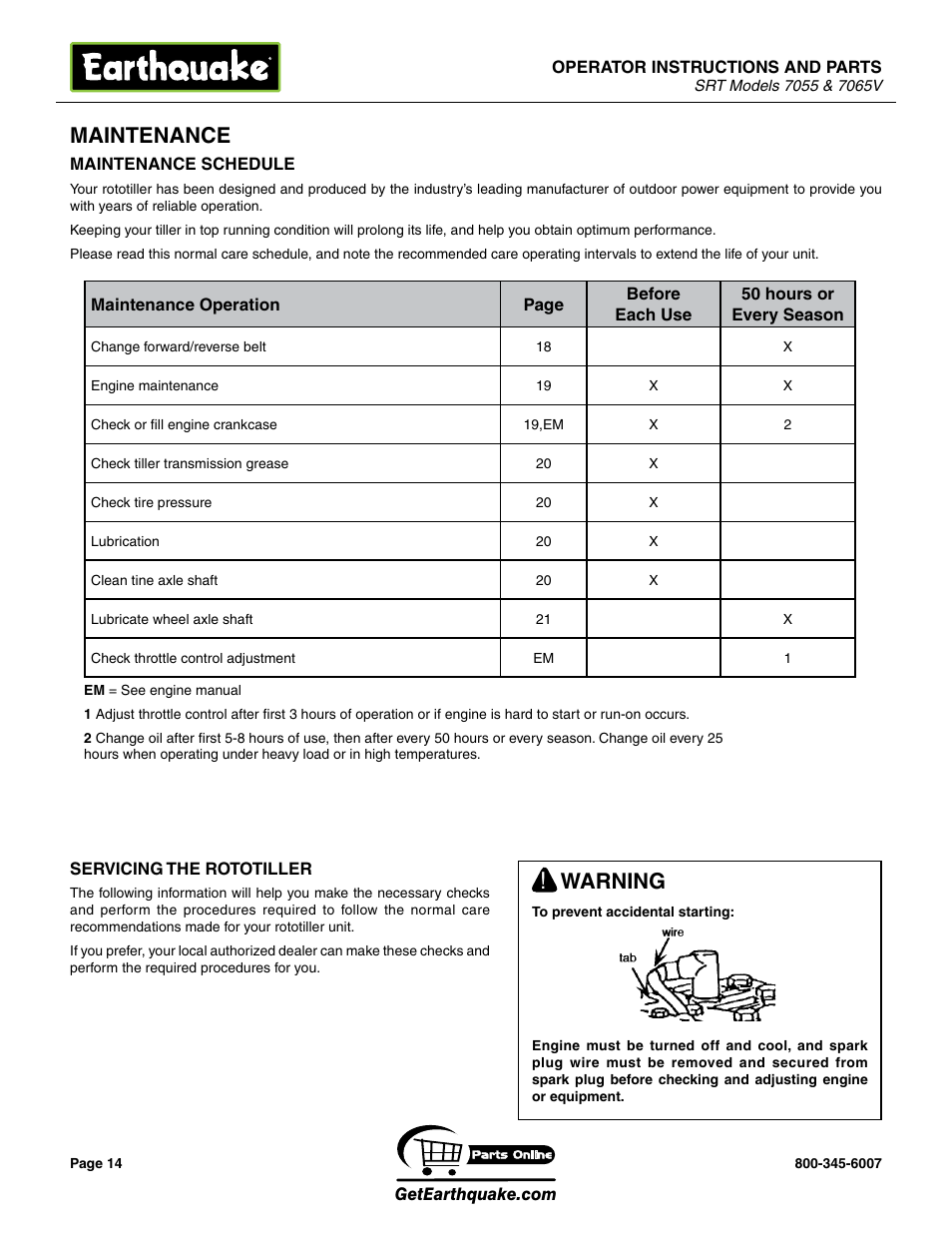 Maintenance, Warning | EarthQuake 7055 User Manual | Page 14 / 28