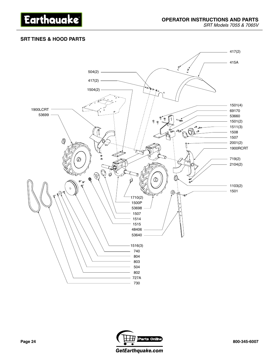 Operator instructions and parts, Srt tines & hood parts | EarthQuake 7055 User Manual | Page 24 / 28