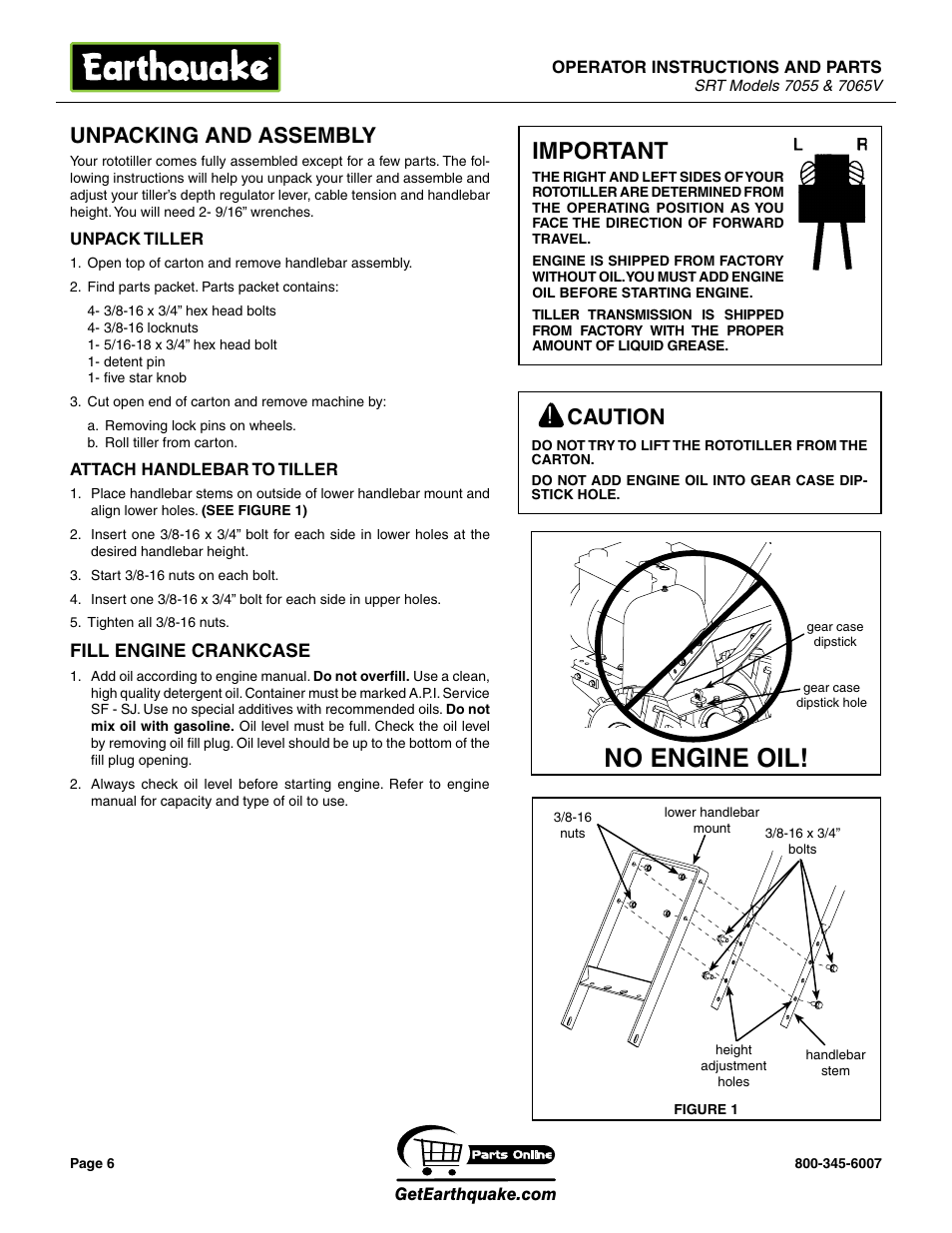 No engine oil, Important, Unpacking and assembly | Caution | EarthQuake 7055 User Manual | Page 6 / 28