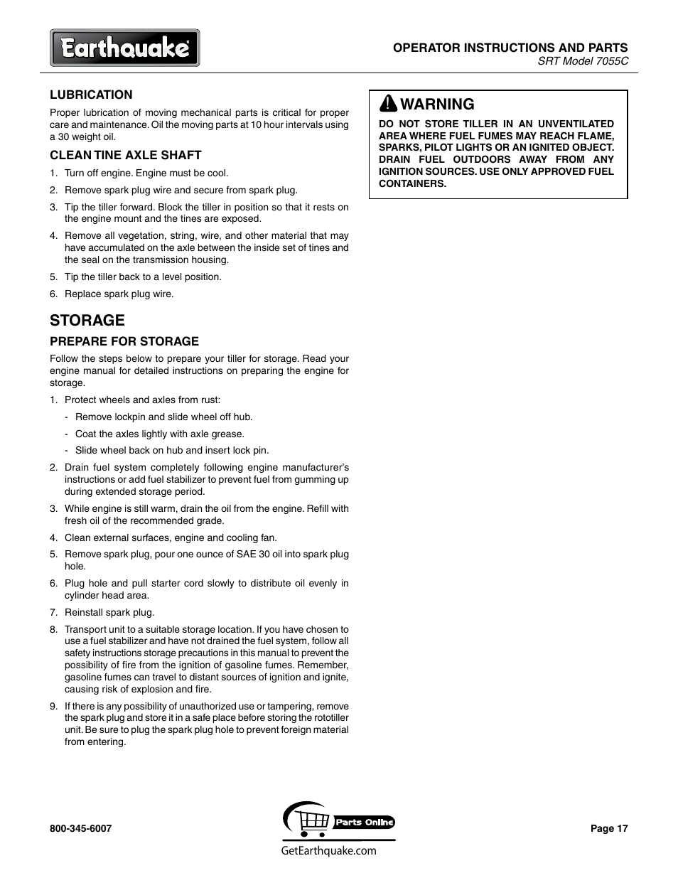 Storage, Warning | EarthQuake 7055C User Manual | Page 17 / 28