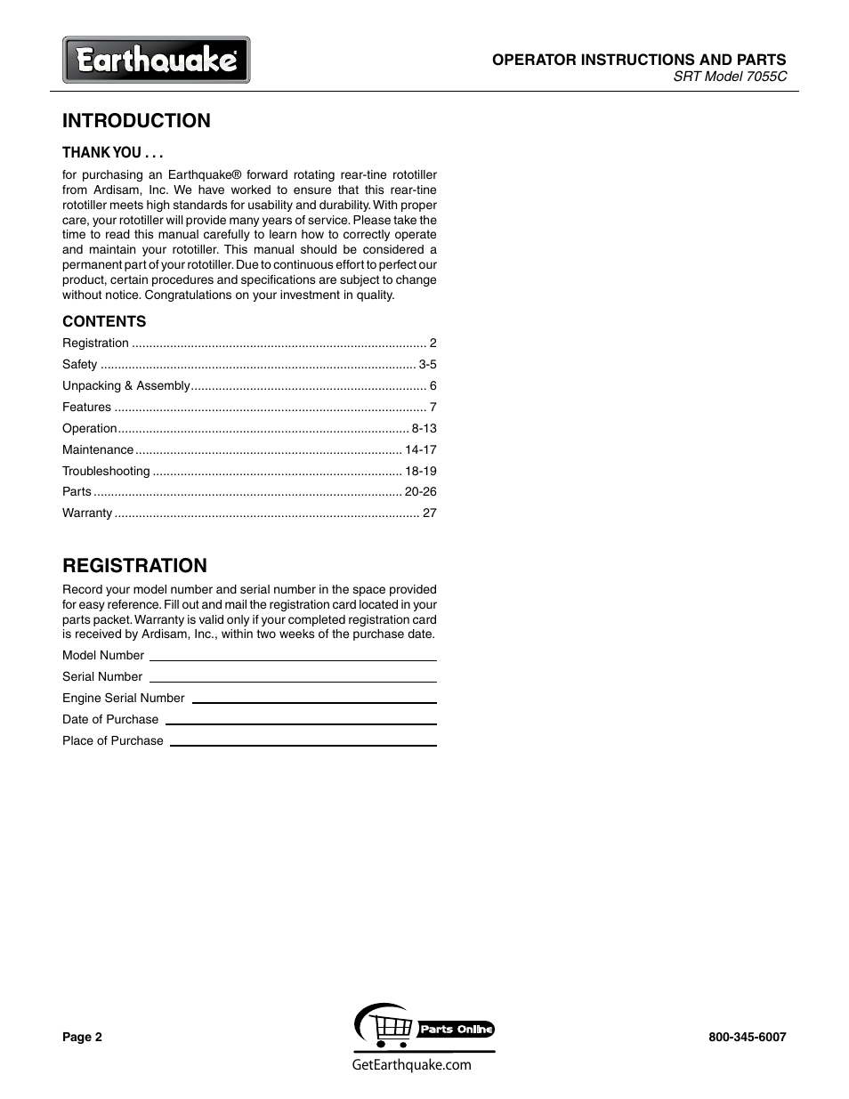 Introduction, Registration | EarthQuake 7055C User Manual | Page 2 / 28