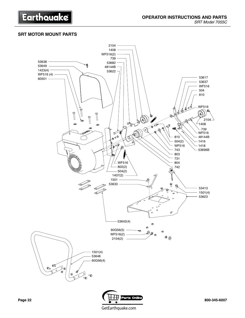 Operator instructions and parts, Srt motor mount parts | EarthQuake 7055C User Manual | Page 22 / 28